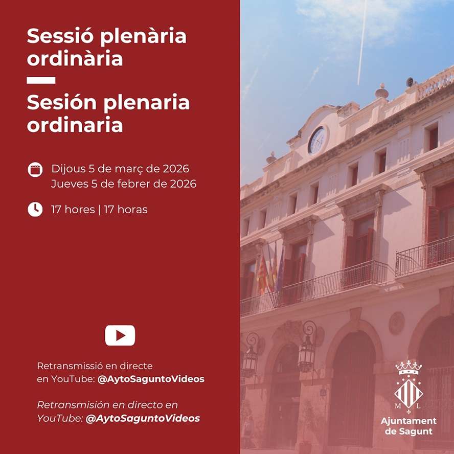 La Corporación Municipal de Sagunto se reúne este jueves en el Pleno ordinario de marzo