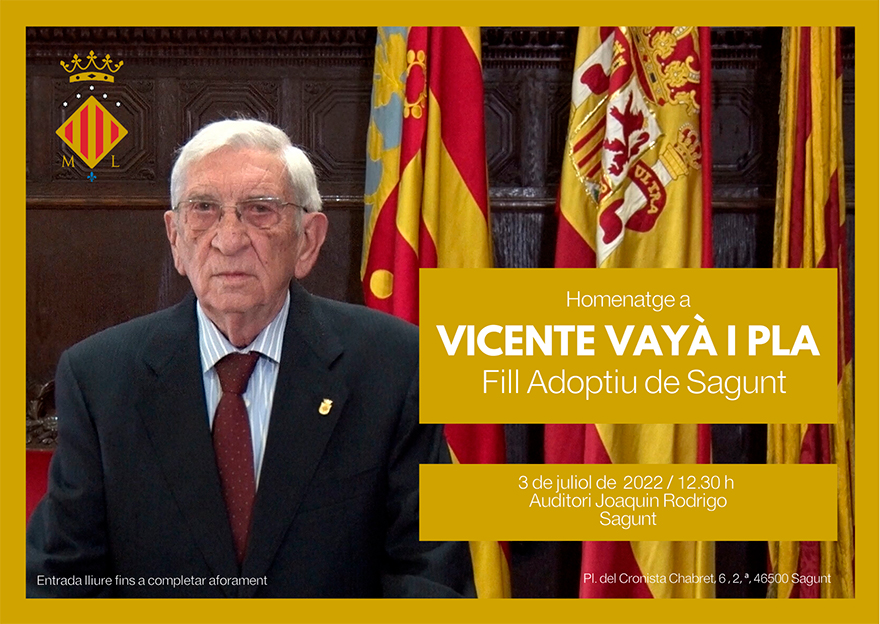 Sagunto homenajeará a su hijo adoptivo, Vicent Vayá, el domingo 3 de julio