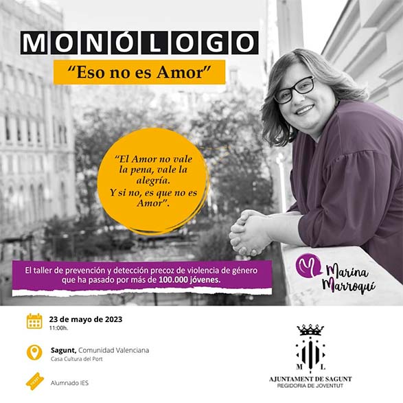  La Educadora Social y especialista en violencia de género, Marina Marroquí, hará un monólogo ante 300 jóvenes en la Casa Municipal de Cultura