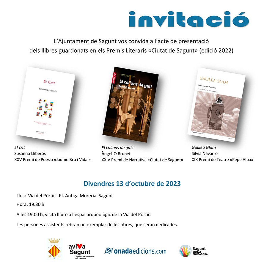 El viernes 13 de octubre se presentan los libros ganadores de los premios literarios Ciutat de Sagunt 2022