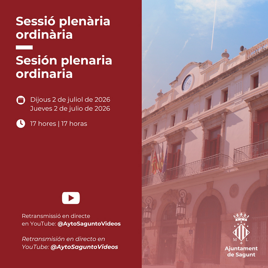 La Corporació Municipal de Sagunt es reunix este dijous en el Ple ordinari de juliol