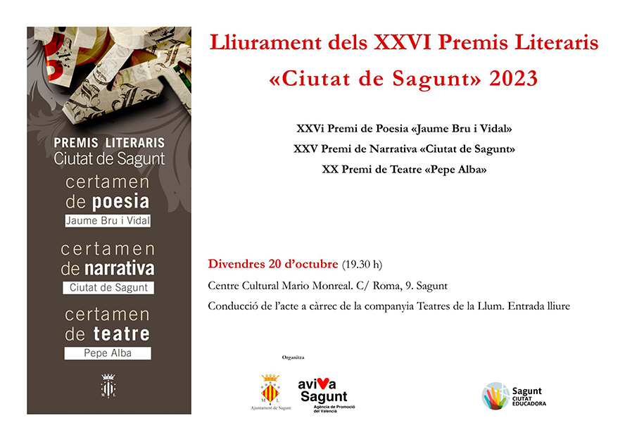 139 originales se disputarán los XXVI Premios Literarios Ciudad de Sagunto que se otorgan el próximo viernes