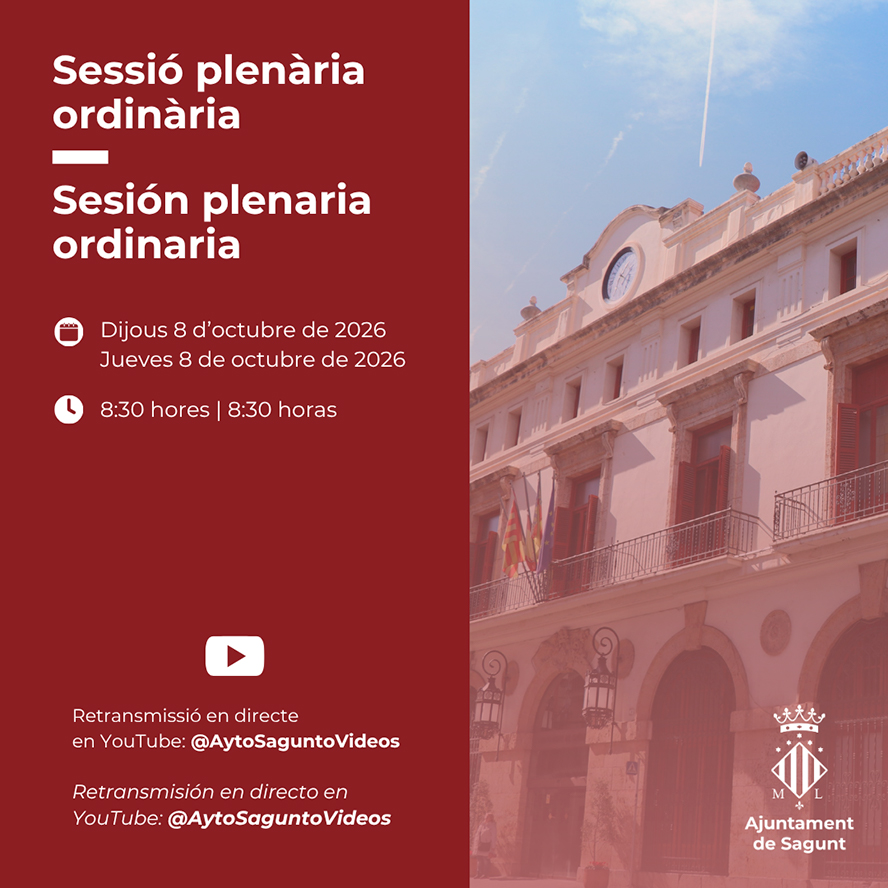 La Corporació Municipal es reunix este dijous per a celebrar el Ple ordinari d'octubre posposat per l'alerta meteorològica