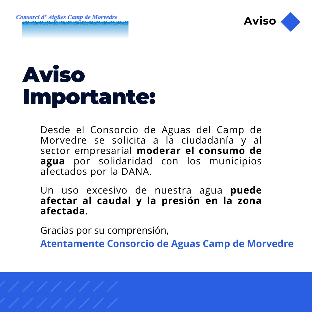 El Consorcio de Aguas del Camp de Morvedre solicita reducir el consumo de agua para garantizar el suministro a los municipios afectados por la DANA