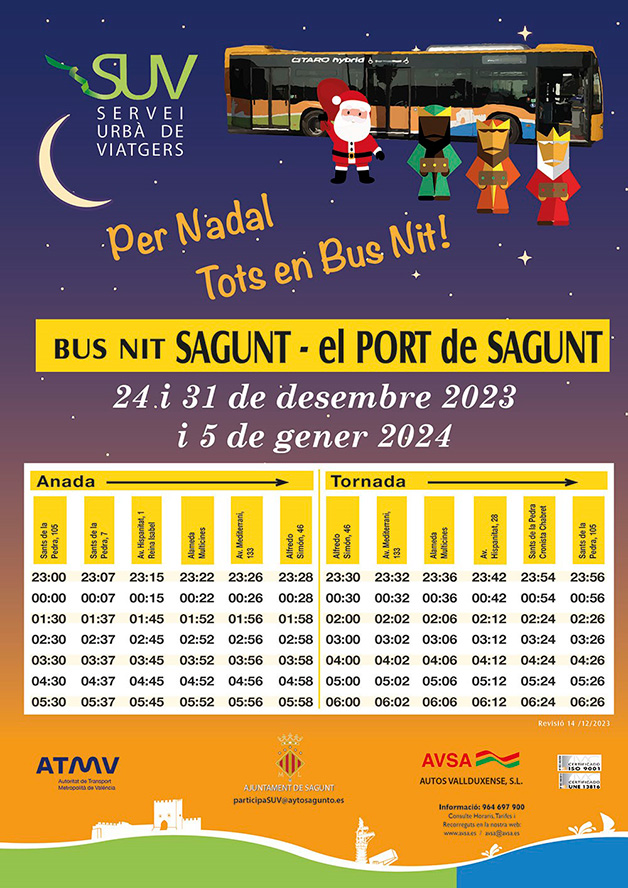 El Ayuntamiento de Sagunto amplía el servicio de autobús nocturno durante las fiestas de Navidad