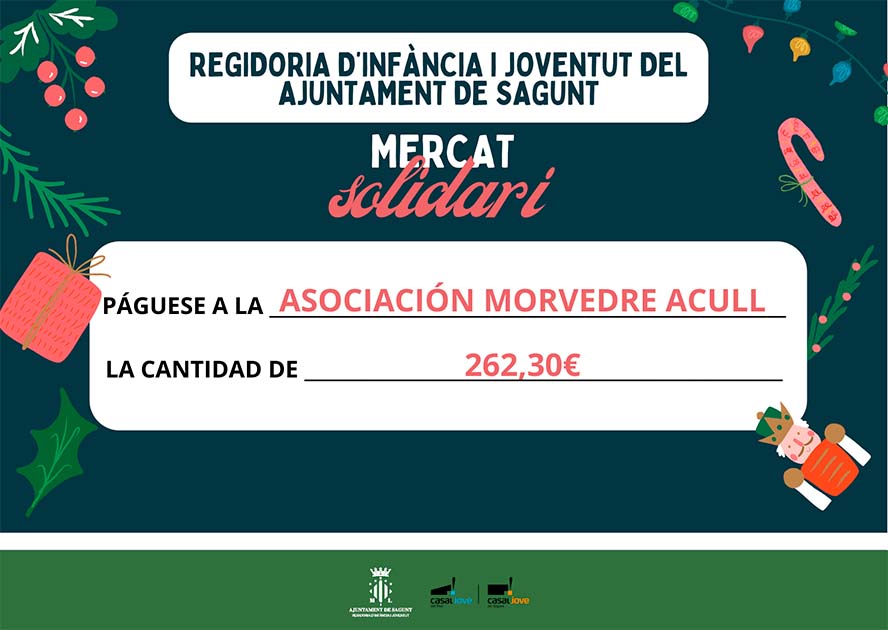 Juventud e Infancia entrega la recaudación del Mercado Solidario a la asociación Morvedre Acull